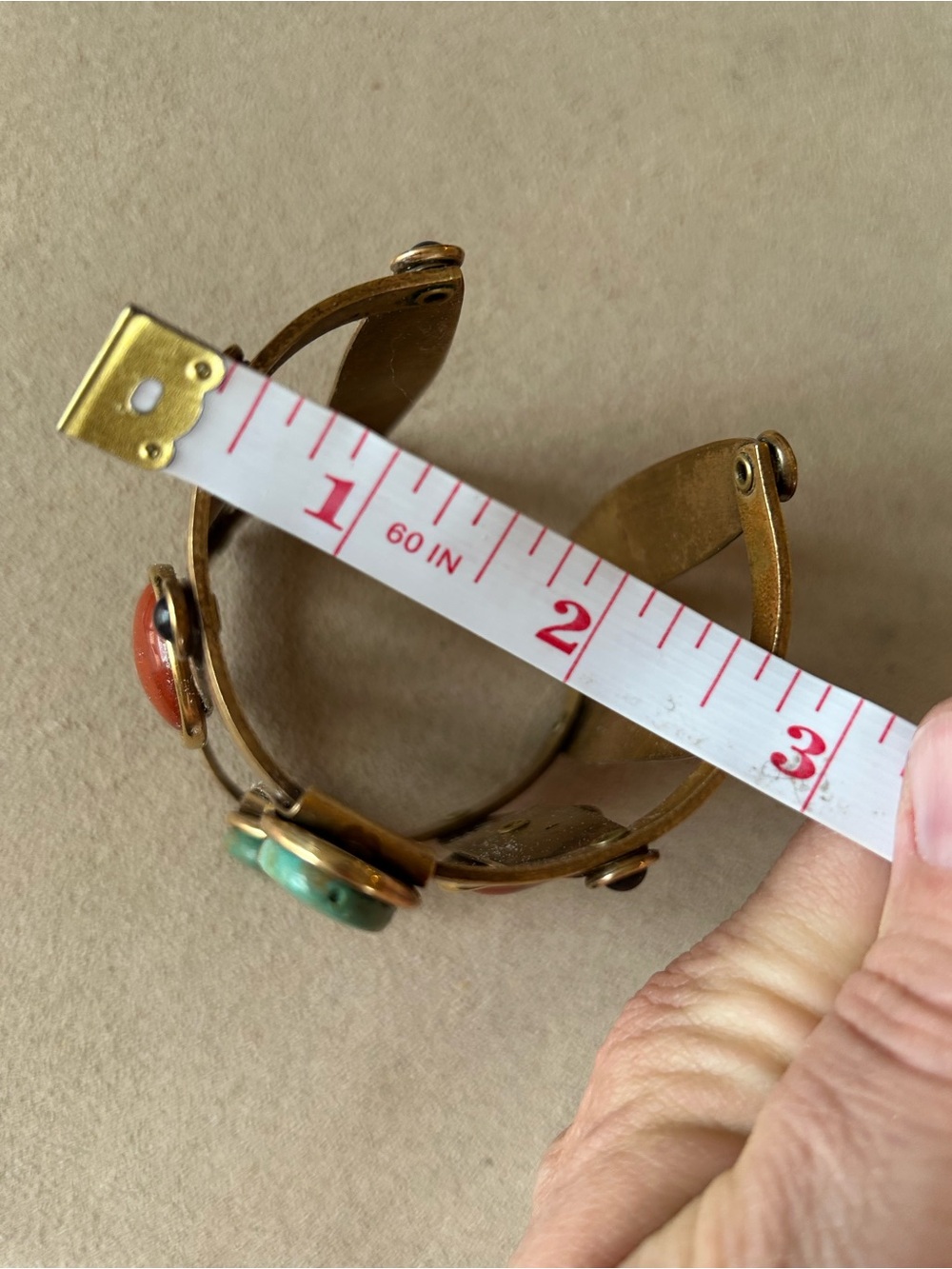 Jan Thomas 80s signed Stone Brass Cuff Bracelet in Turquoise, Coral and Lapis - Picture 4 of 11